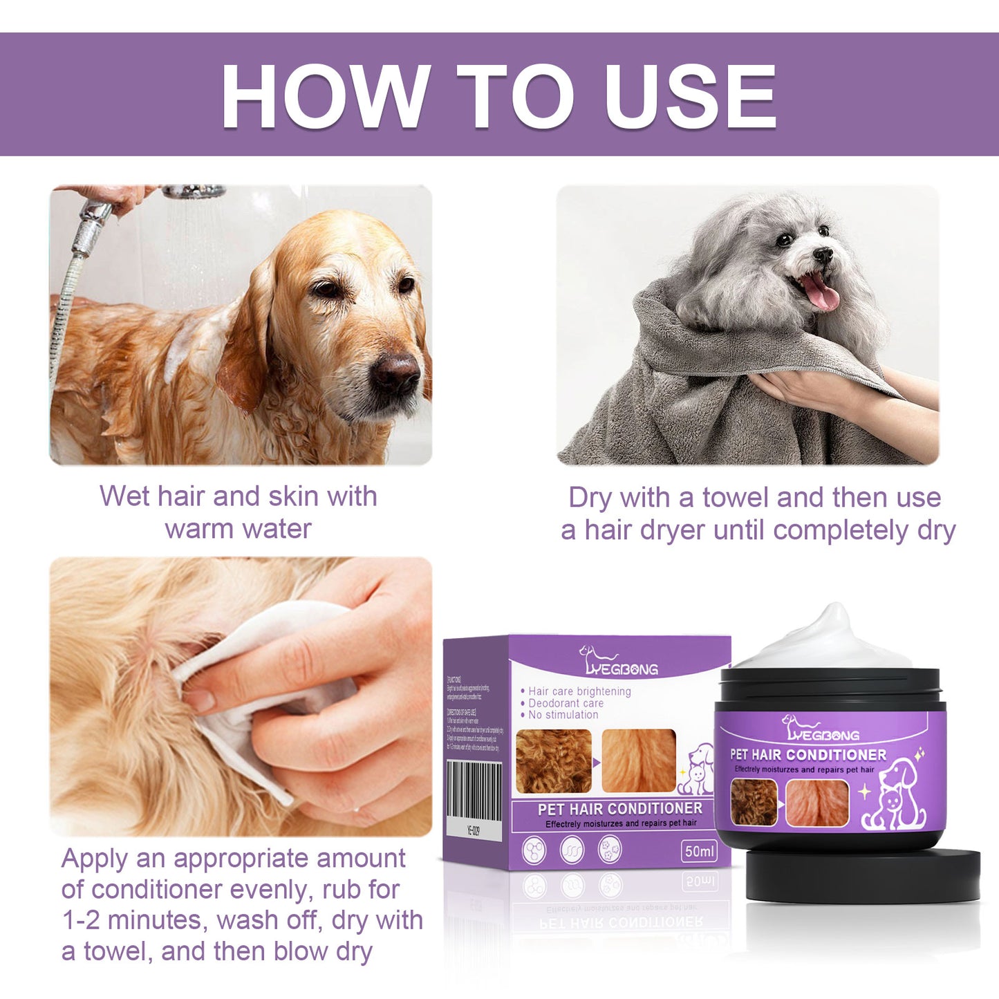 Pet Hair Conditioner for Dogs & Cats - Moisturizing Detangler, Anti-Static, Brightening Fur, 50ml Set