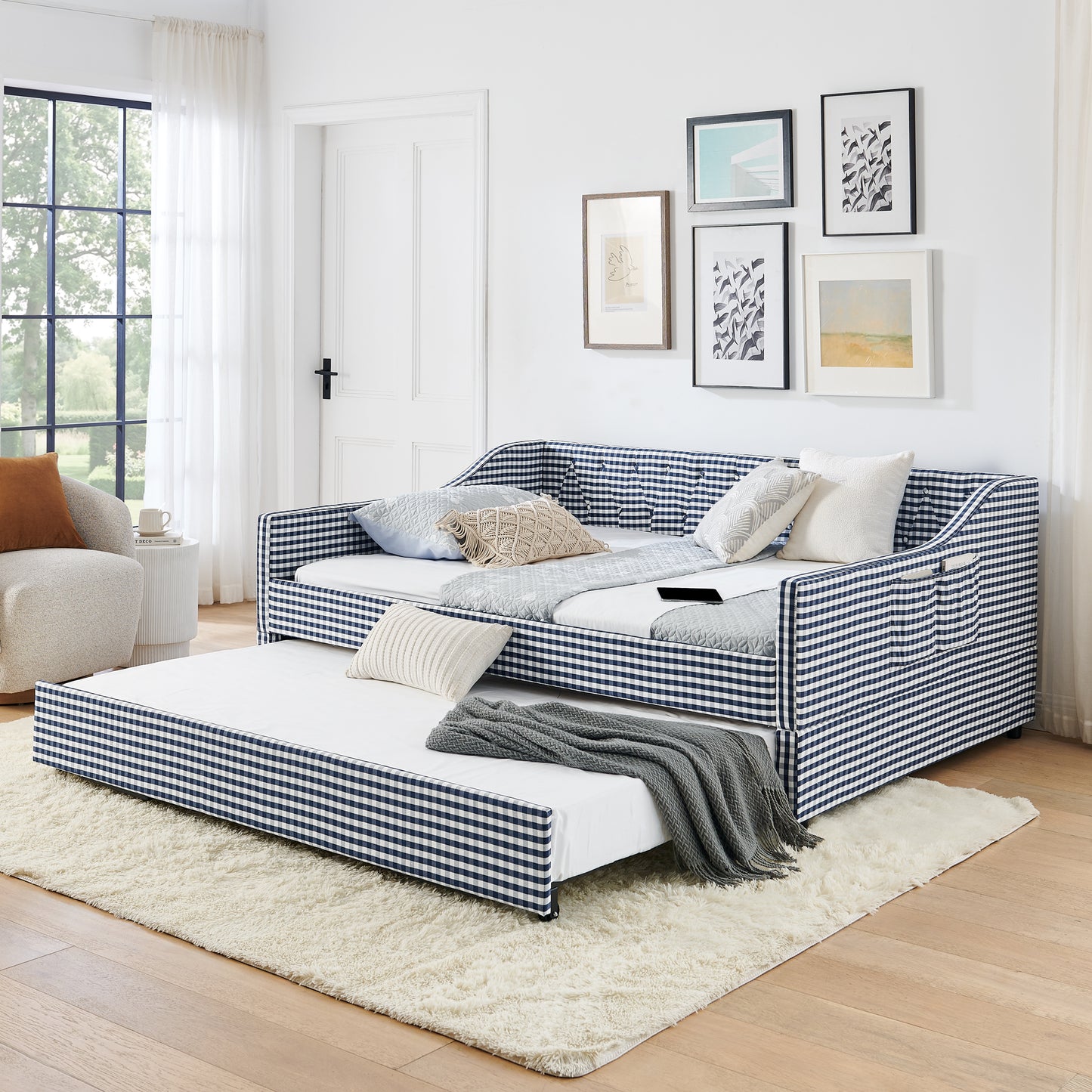 Full-Size Upholstered Daybed with Trundle & Storage - Dark Blue