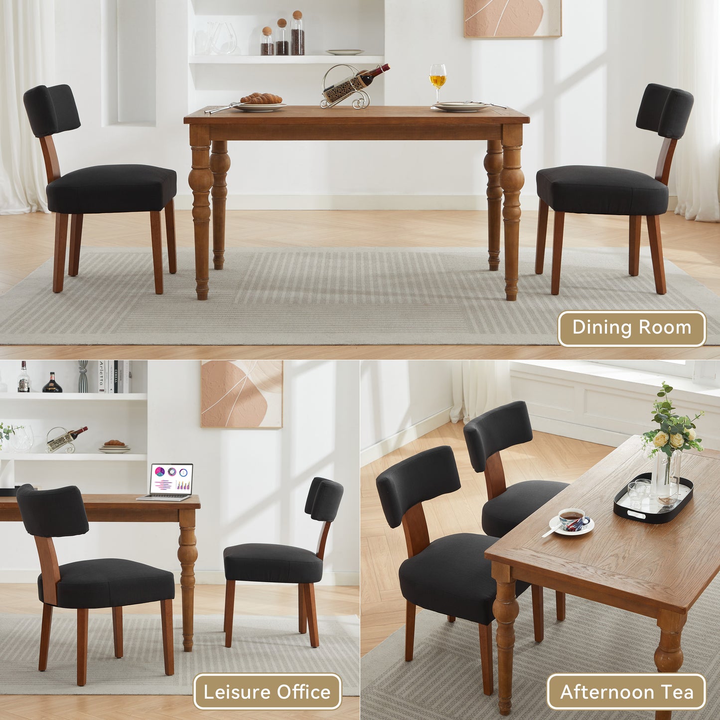 Modern Linen Fabric Dining Chairs - Set of 2, Black