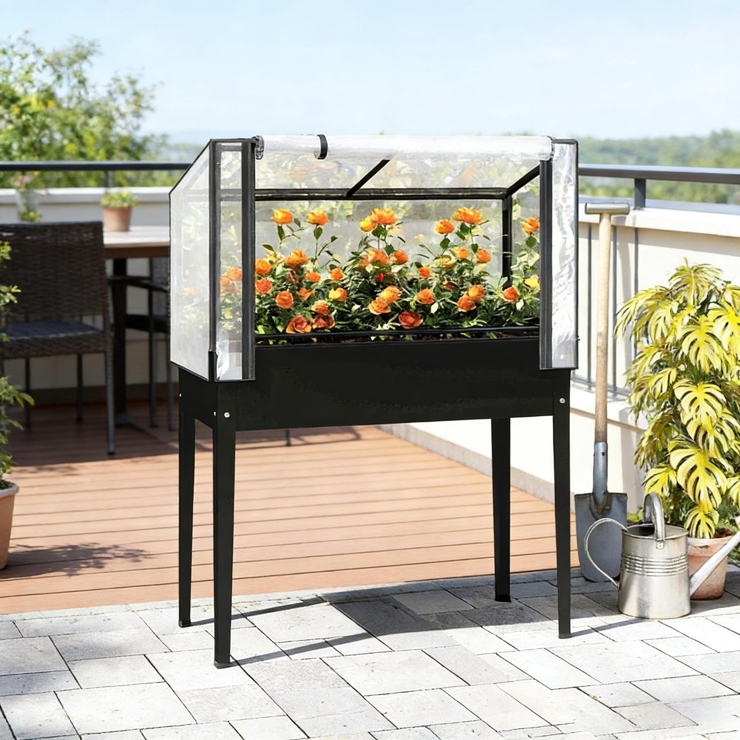 Elevated Raised Garden Bed with Mini Greenhouse - Black