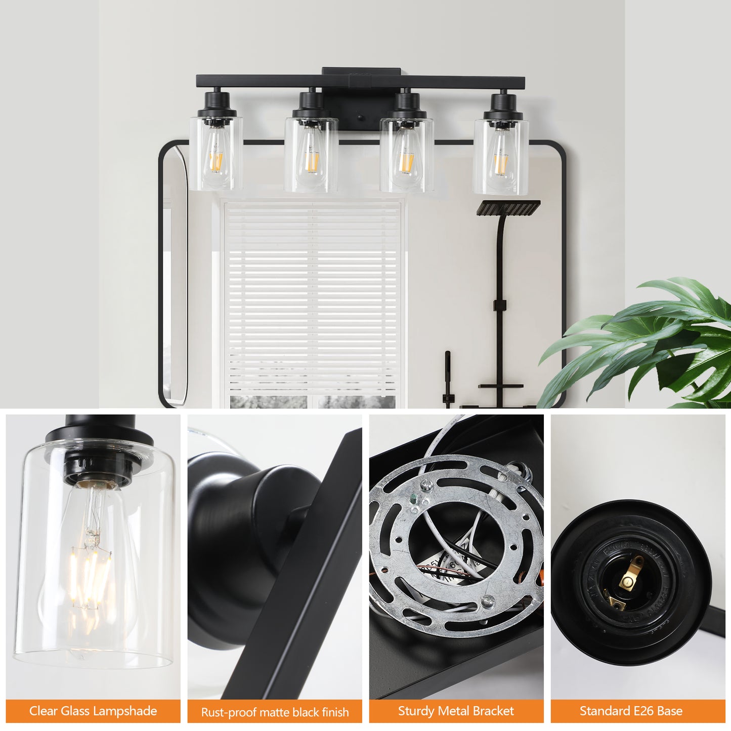4-Light Black Bathroom Vanity Light Fixture with Glass Shades