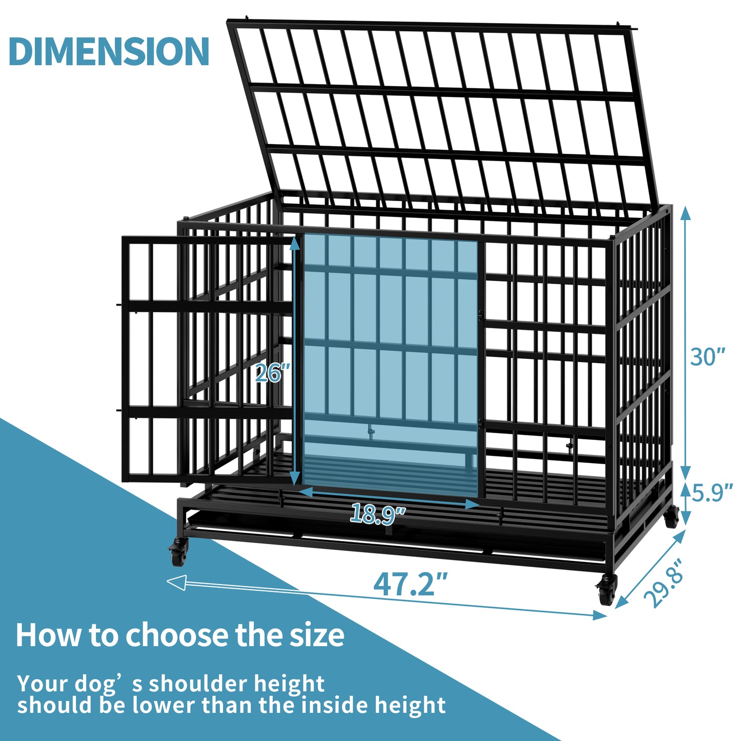 48 Inch Heavy Duty Dog Crate with Wheels - Metal Cage for Large & Medium Dogs