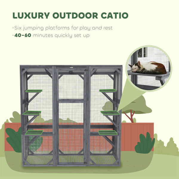 Large Cat Cage with Platforms, Easy Assembly, Sunproof Fir Wood - Gray