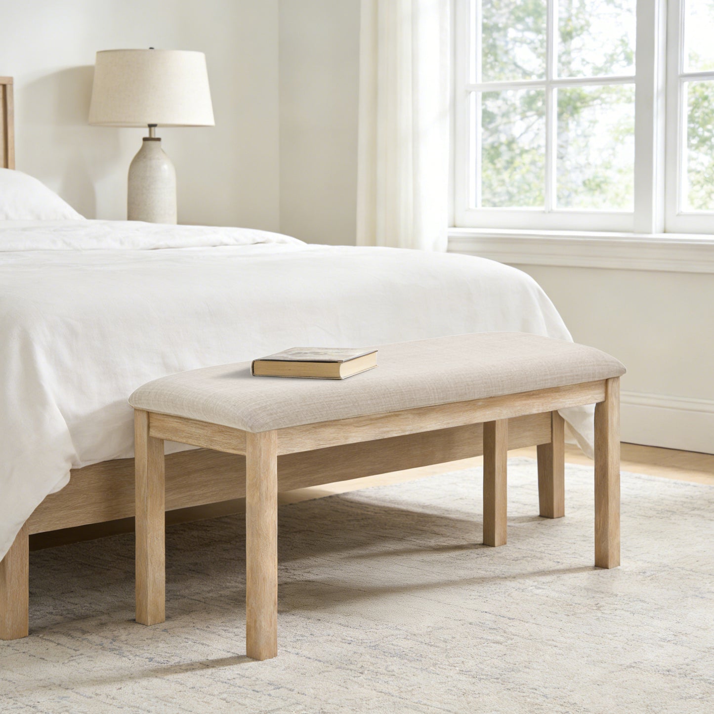 38-Inch Upholstered Dining Bench with Solid Wood Legs - Light Oak & Beige