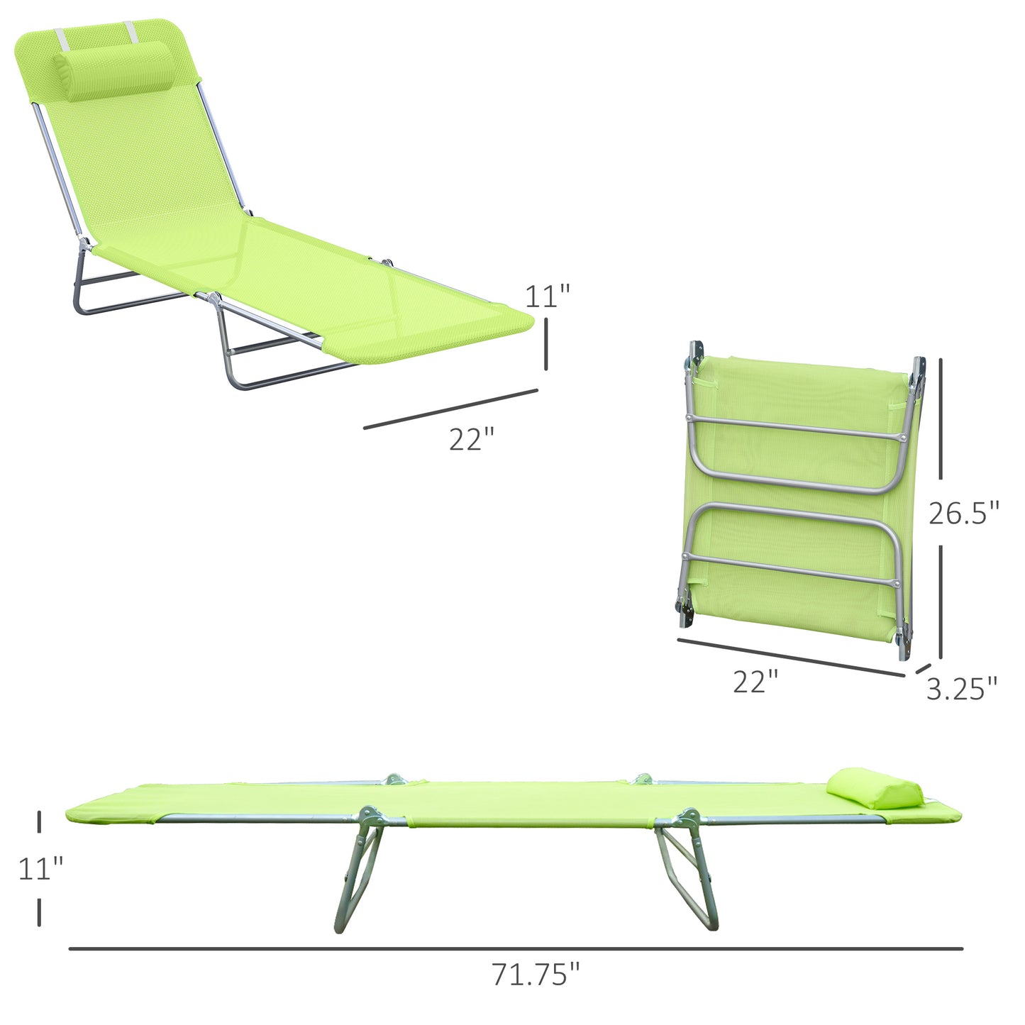 Folding Chaise Lounge Chair - Outdoor Reclining Pool Chair with Pillow, Green