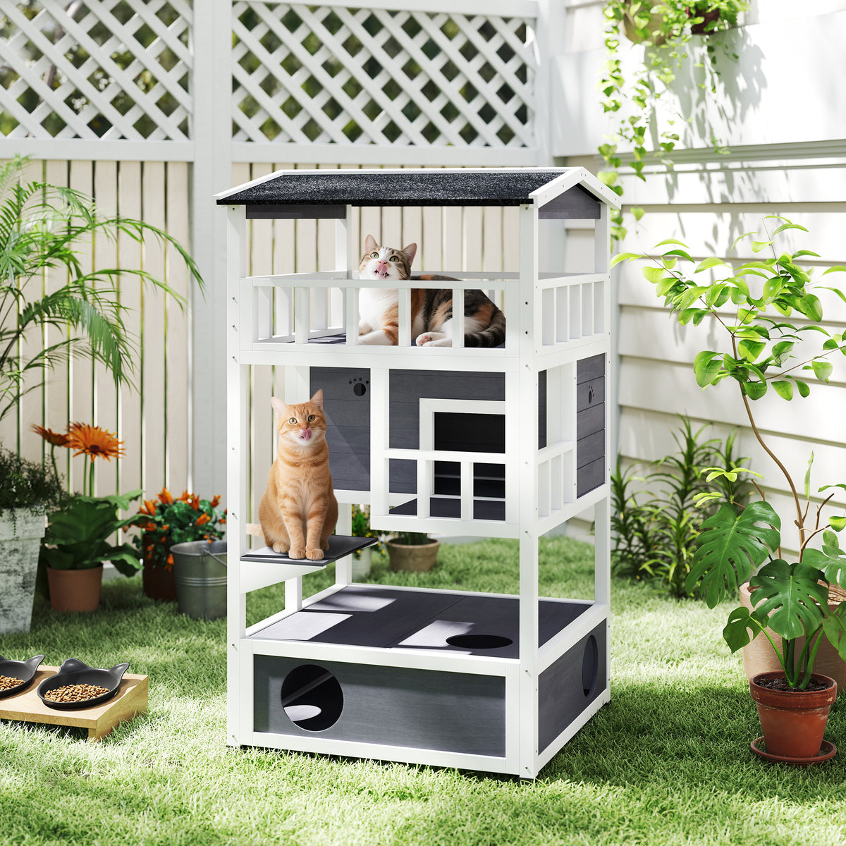 Outdoor Cat House with Asphalt Roof, Escape Doors & Jumping Platform - Gray