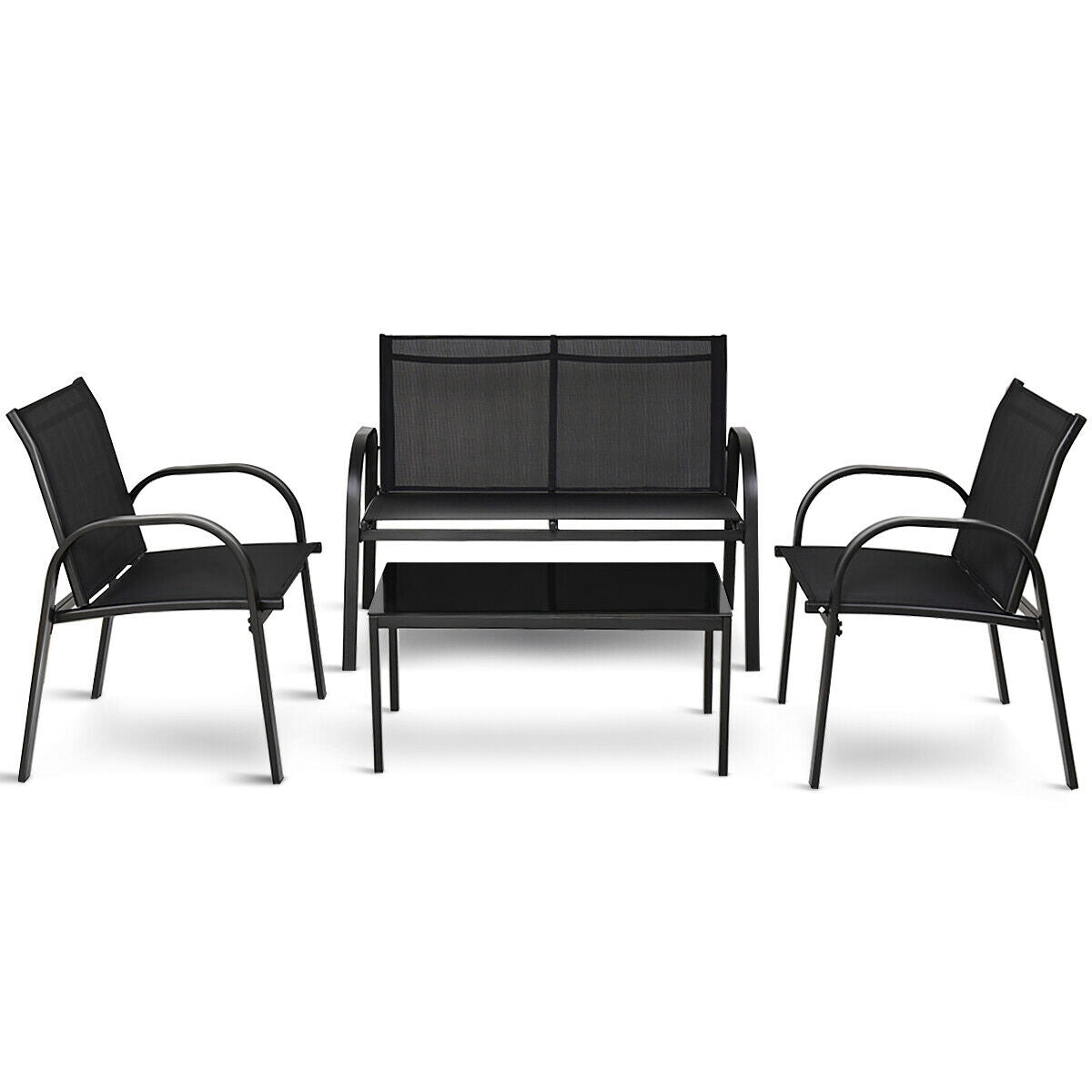 4-Piece Outdoor Furniture Set with Glass Coffee Table - Black