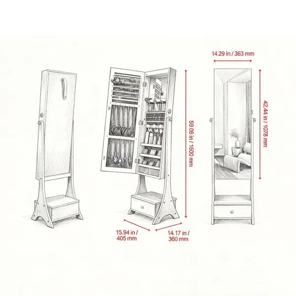 Vintage Jewelry Cabinet with Full-Length Mirror and 3 Shelves