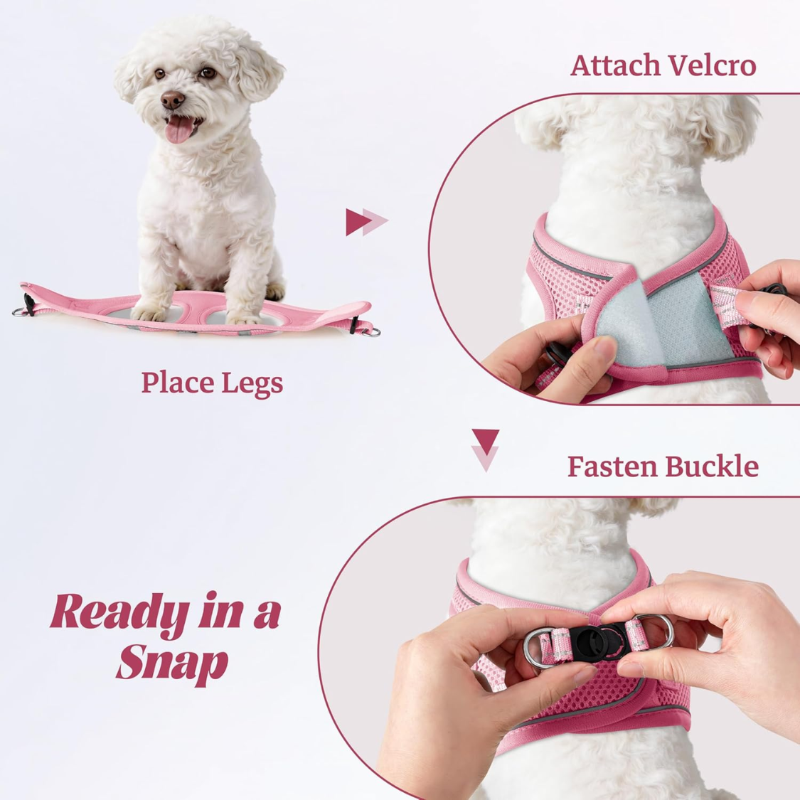 No Pull Dog Harness and Leash Set Reflective Mesh Vest - Pink, Adjustable, Safety