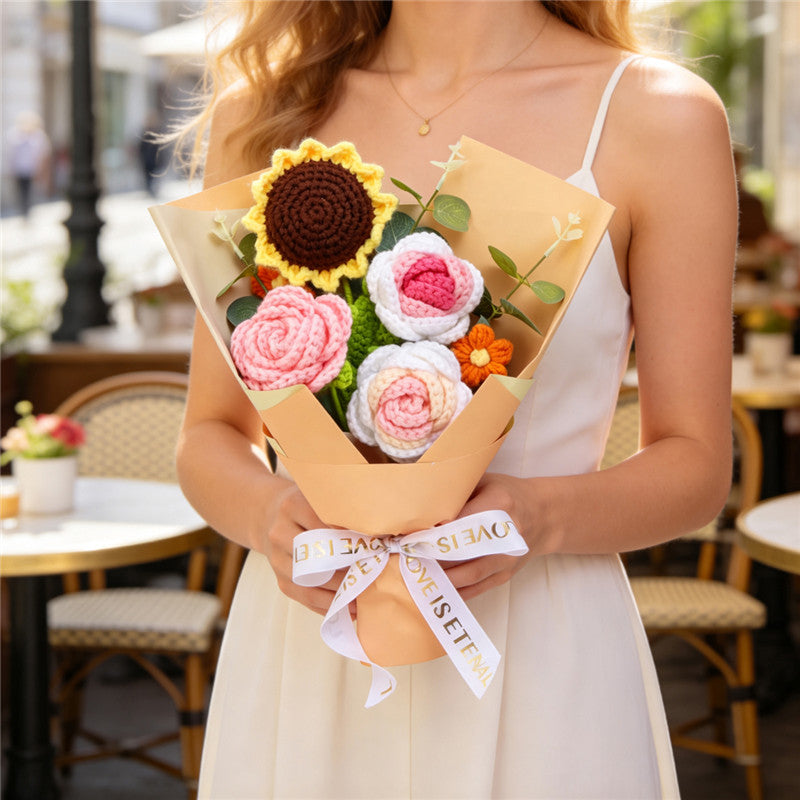 Crocheted Flower Bouquet with Sunflower and Pink Roses - Handmade Home Decor Gift