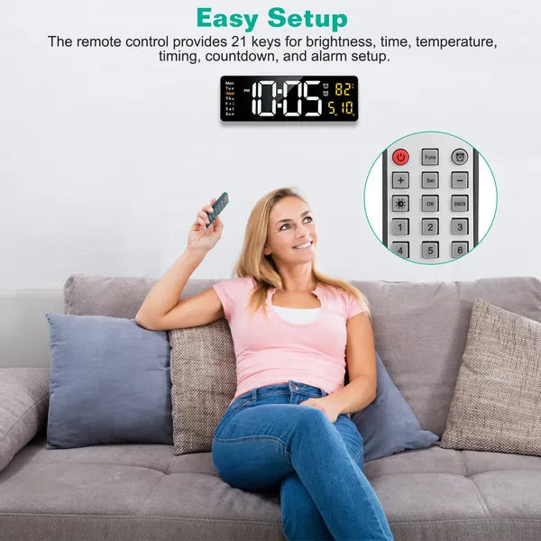 15.7in LED Digital Wall Clock with Remote Control - Black