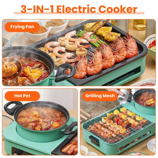 1600W Electric Grill and Hot Pot Combo - Non-Stick, Smokeless Cooking for 3-5 People
