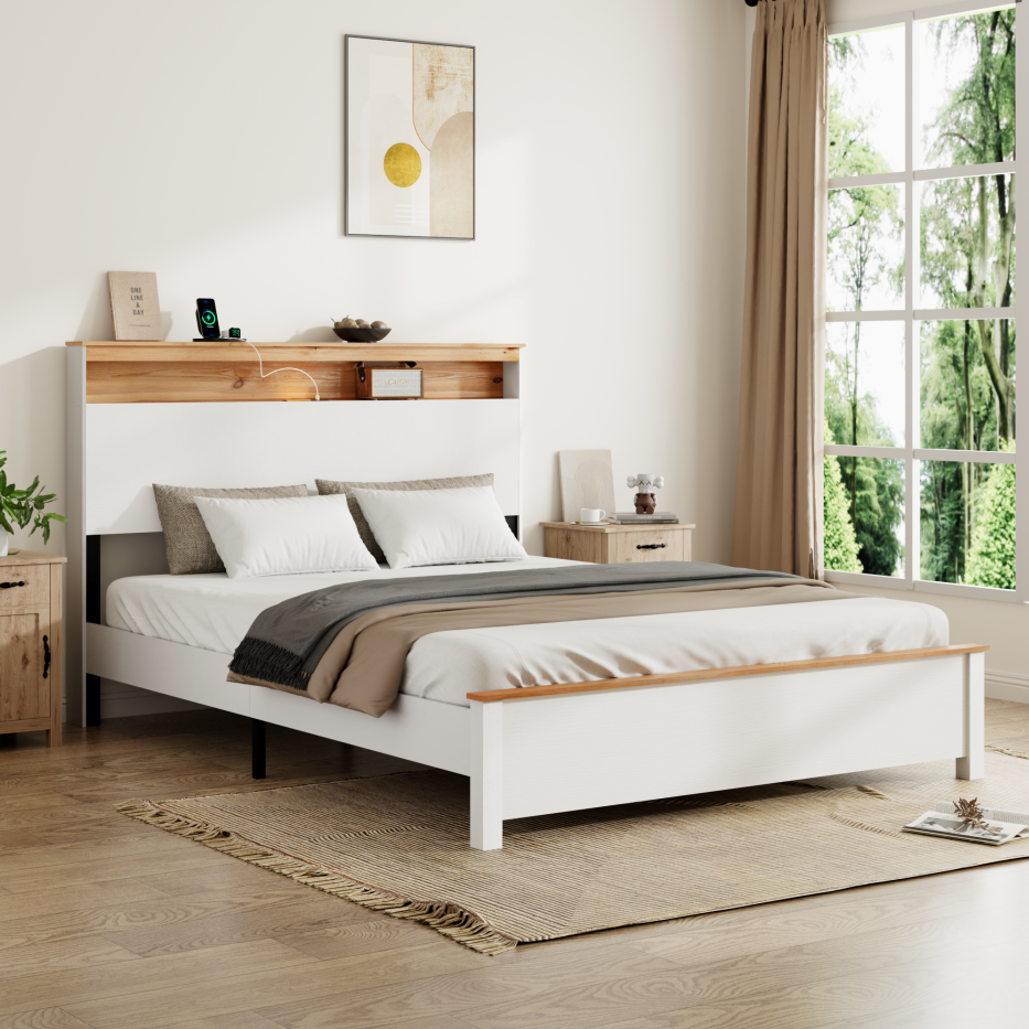 Queen Wood Platform Bed Frame with Storage Headboard & Charging Station