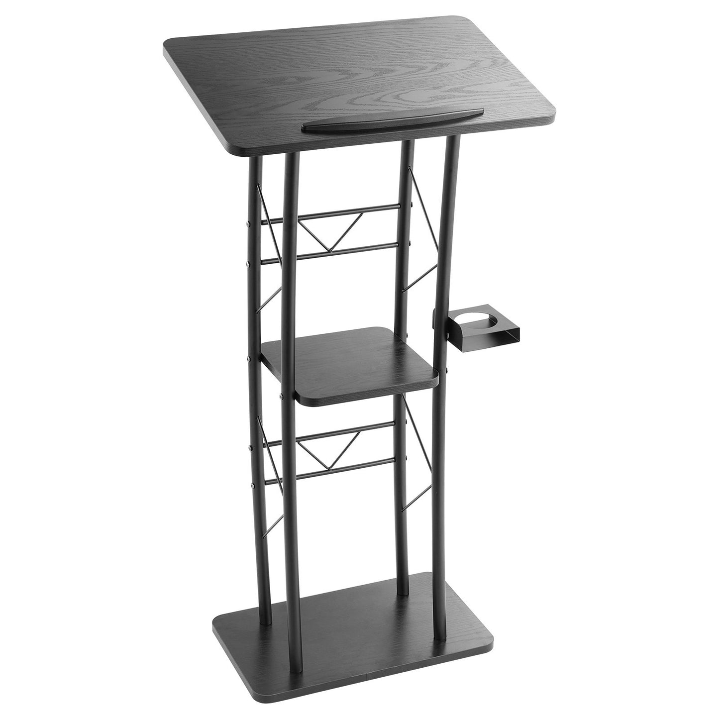 Curved Metal Lectern Podium Stand with Storage Shelf - Black