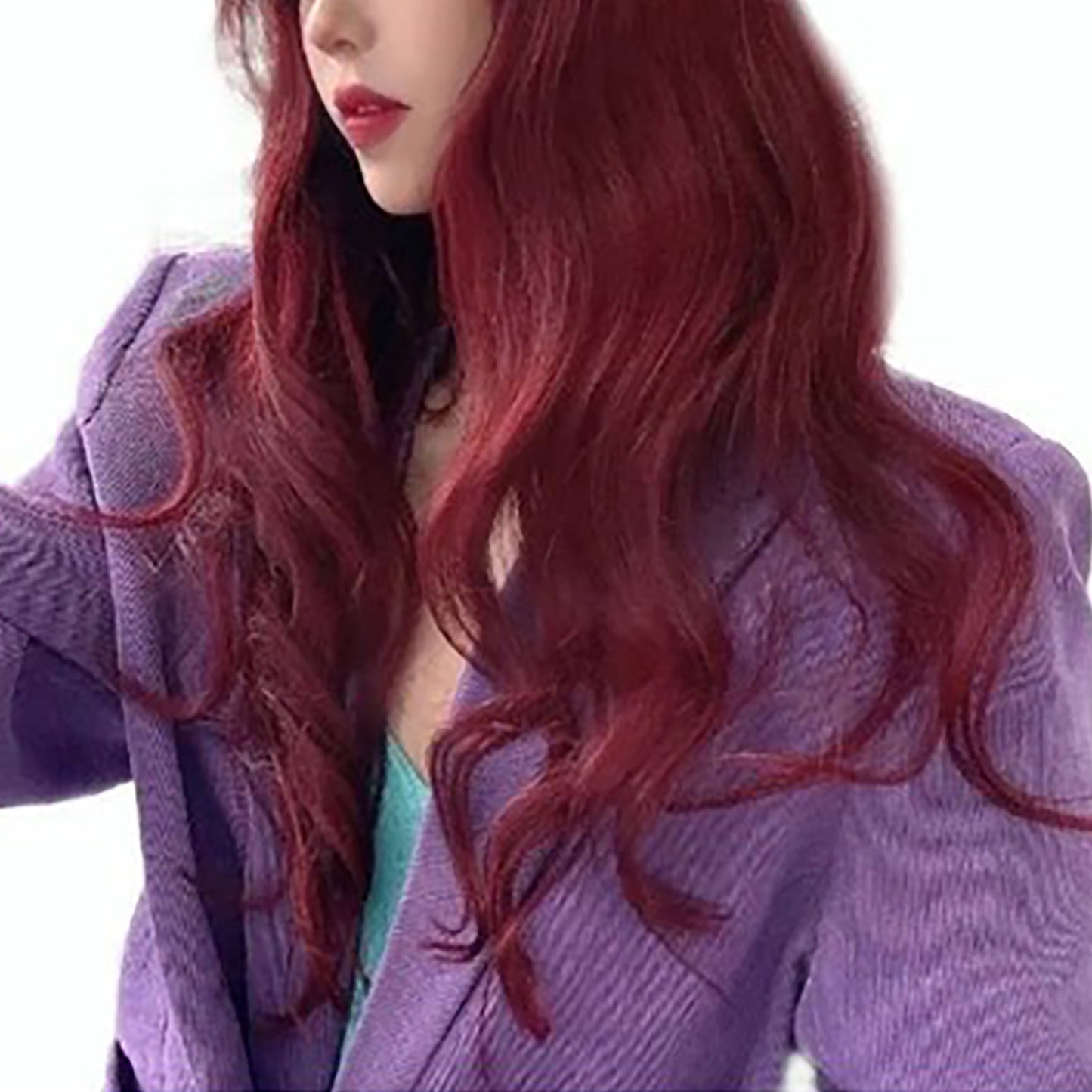Long Wavy Synthetic Wig with Bangs - Wine Red Heat-Resistant Fiber