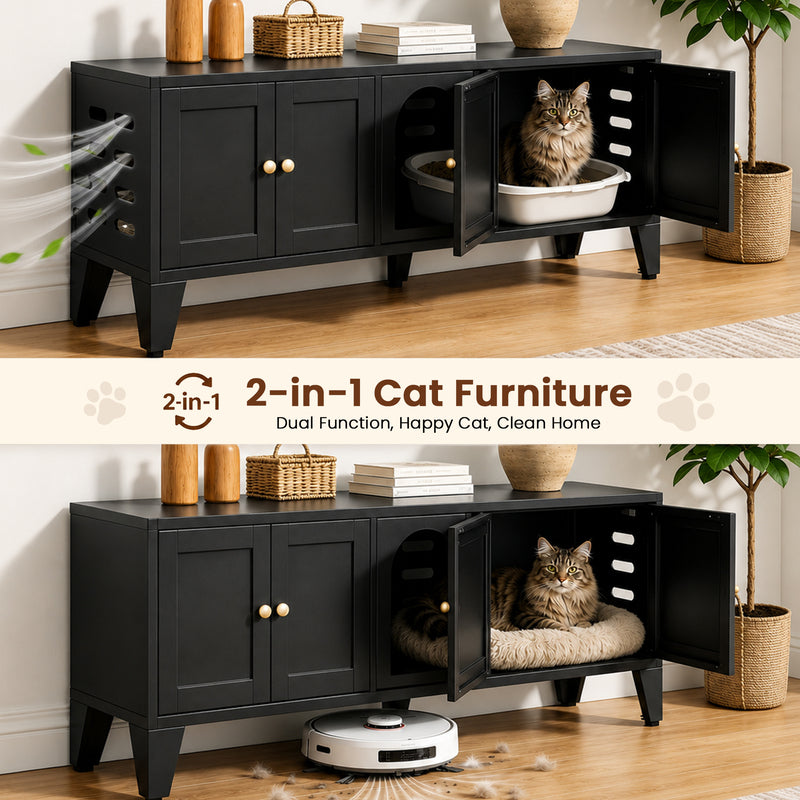 58in Metal Cat Litter Box Enclosure with Ventilation & Storage - Black Modern Pet House & TV Stand