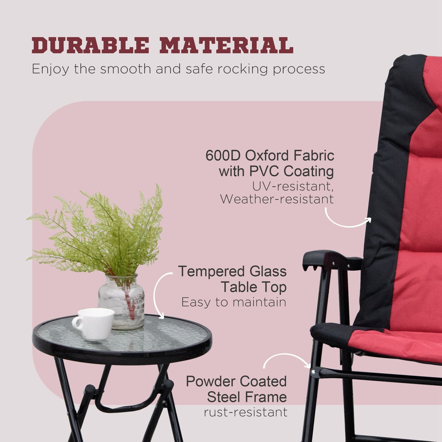 3-Piece Outdoor Bistro Set with Folding Rocking Chairs - Red