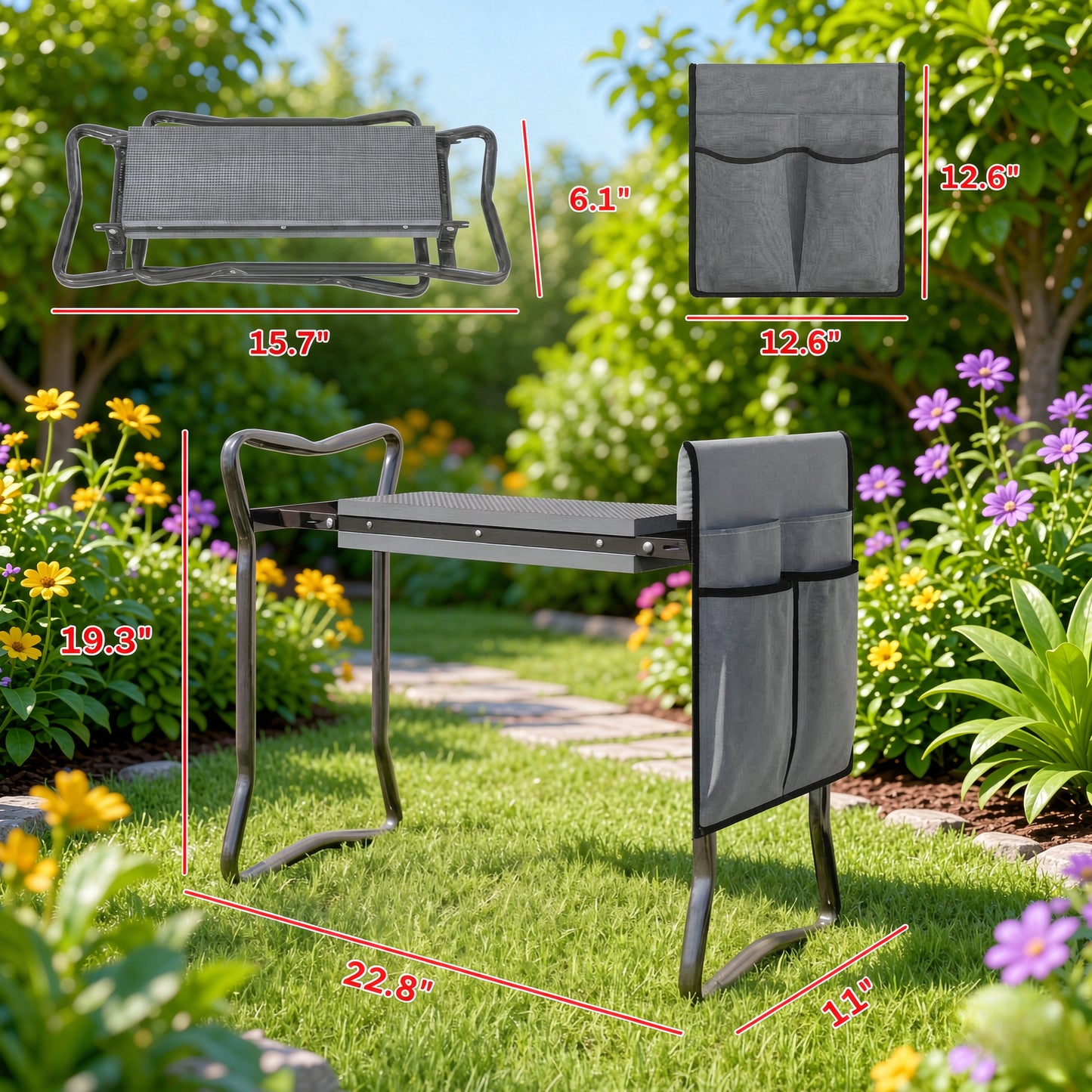 2-in-1 Garden Kneeler and Seat with EVA Pad and Tool Pouch - Grey
