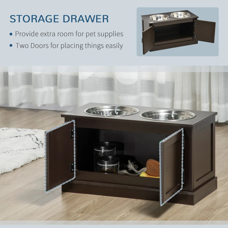 Elevated Dog Feeder with Storage and Stainless Steel Bowls - Large Dogs Coffee
