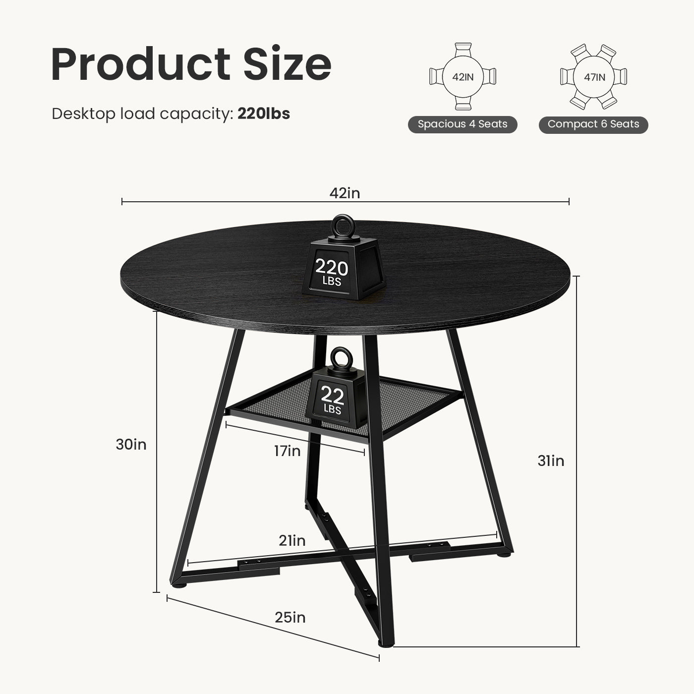 Round Table, Suitable For 4 To 6 People, A Space-saving Kitchen Table