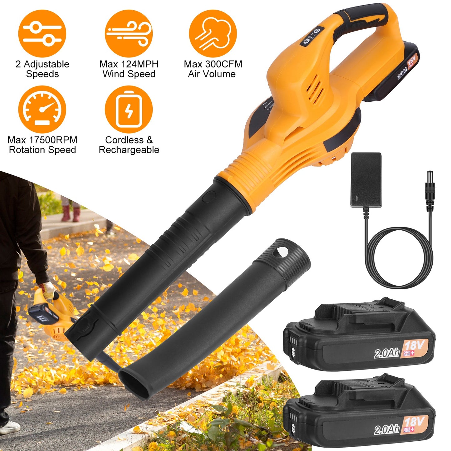Cordless Handheld Leaf Blower with 124MPH Air Speed and 300CFM, 2-Speed, Orange