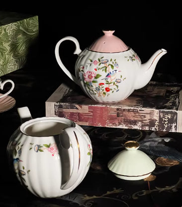 Retro Floral Bone China Teapot - 800ml Pink Overglaze Sparrow Design