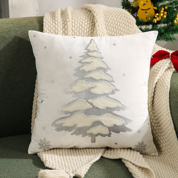 Embroidered Christmas Tree Pillowcase - Silver & Gold Holiday Cushion Cover
