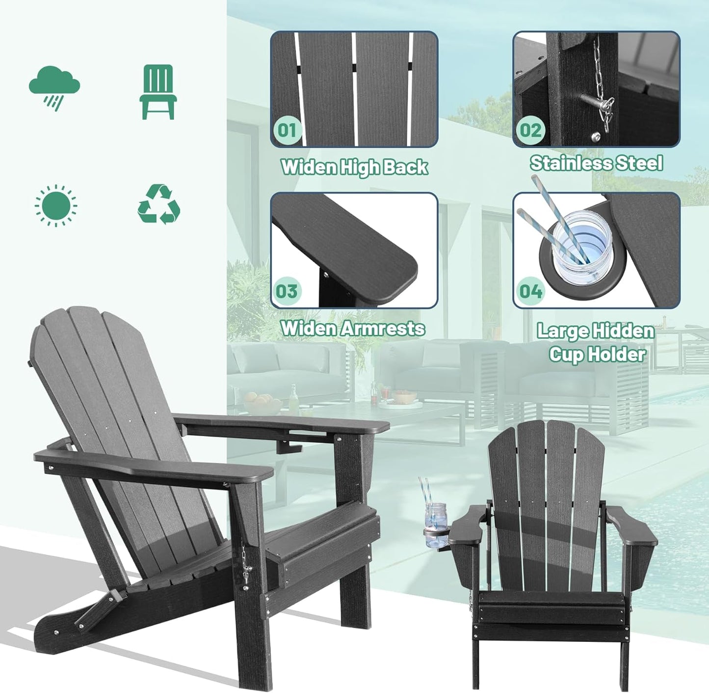 Adirondack Chairs Set Of 2, Plastic Chair, Chairs, HDPE Folding
