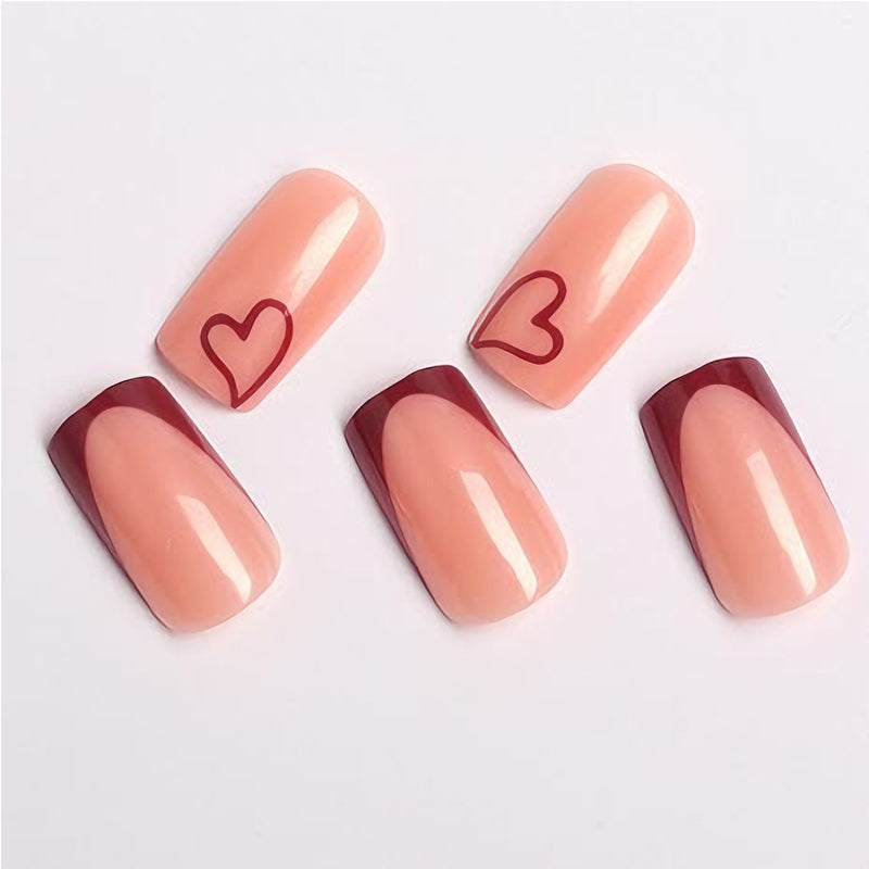 Valentine's Day Press On Nails - Medium Square French Tip Heart Design