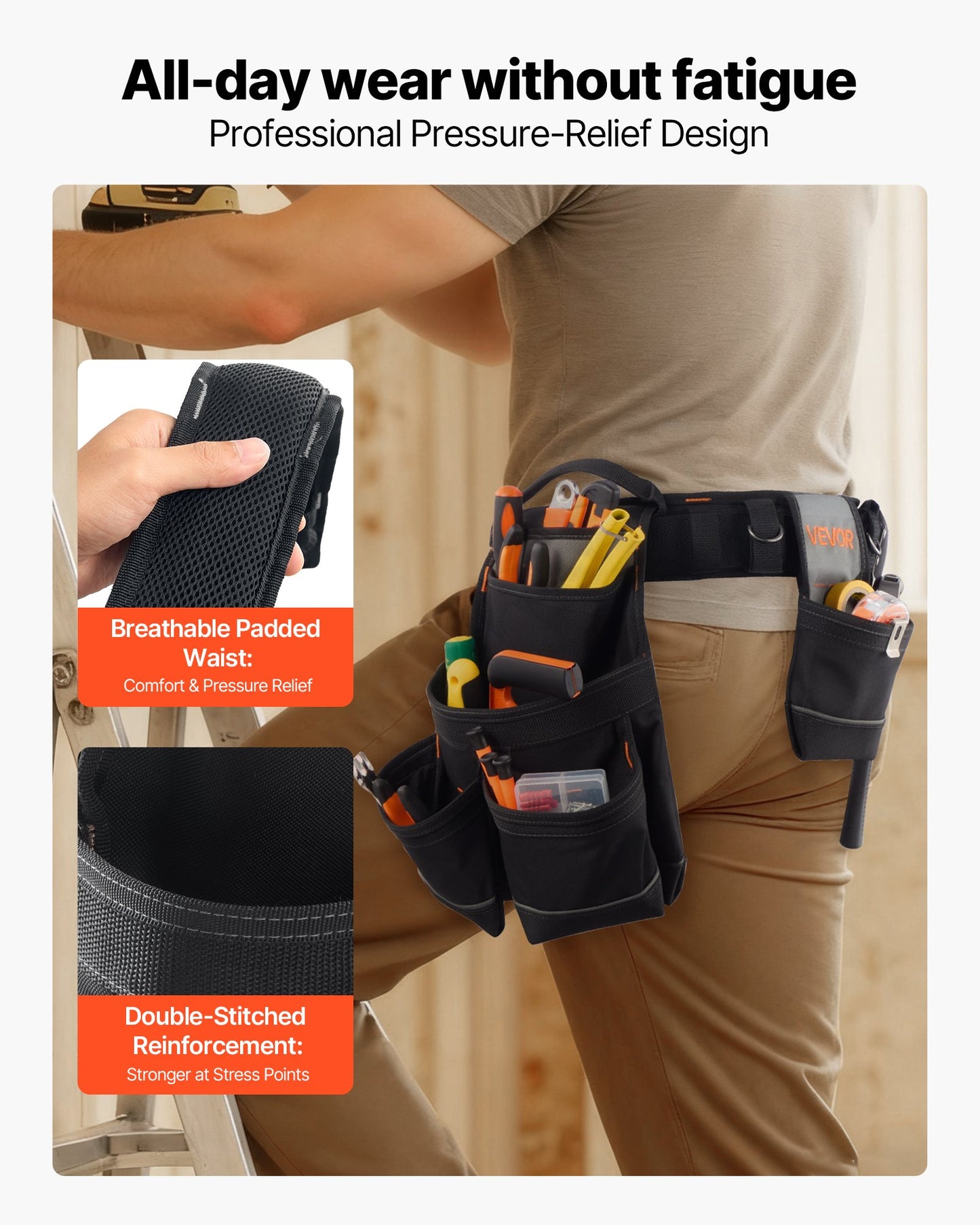 Heavy Duty Tool Belt with 18 Pockets for Construction and Carpentry - Adjustable Waist