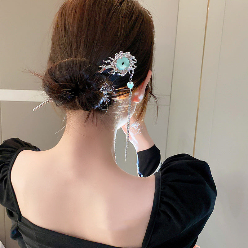 Irregular Pleated Geometric Tassel Hairpin - Silver