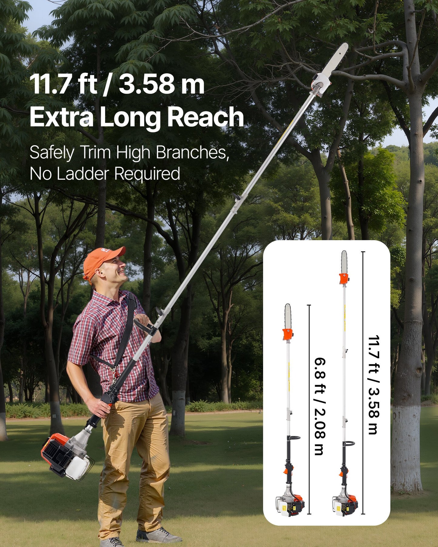 Gas Pole Saw 43CC 2-Stroke Gasoline Tree Trimmer Extendable 10-Inch Bar