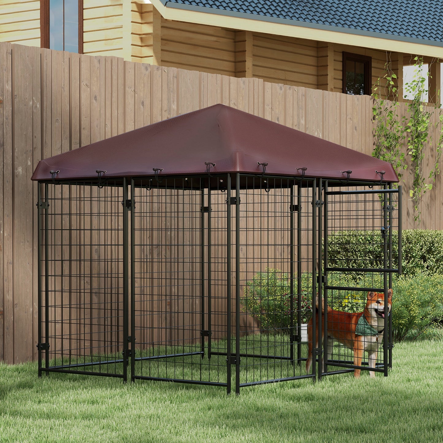 Outdoor Dog Kennel with Waterproof Canopy - Large, Steel Frame, Brown