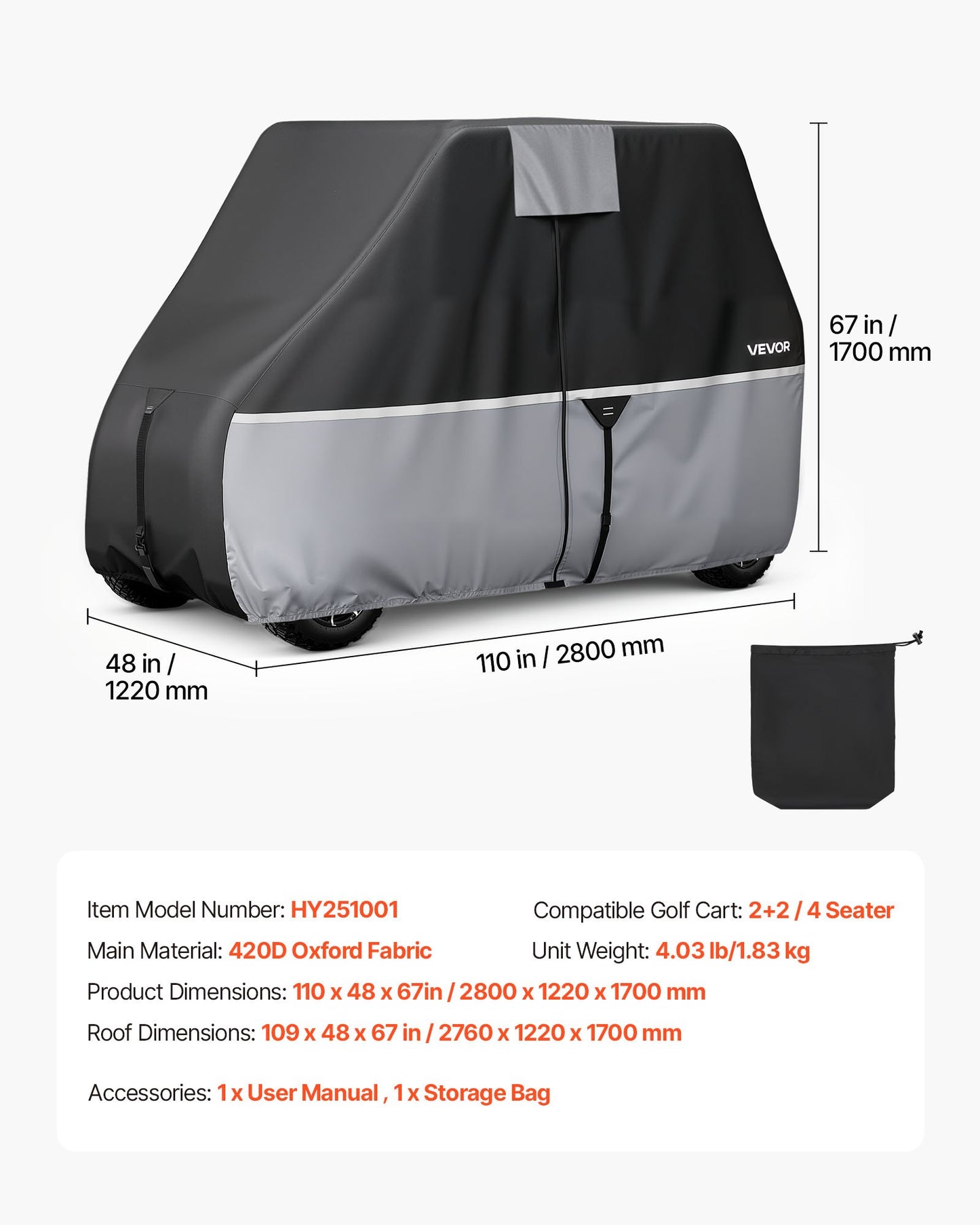 Waterproof Golf Cart Cover for 2-4 Passenger Carts - Universal Fit Black