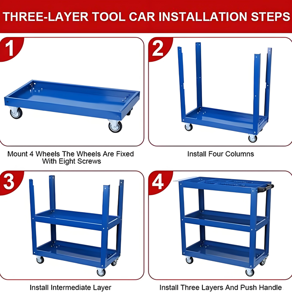 Heavy Duty Steel 3-Tier Rolling Tool Cart with Lockable Wheels & Large Capacity