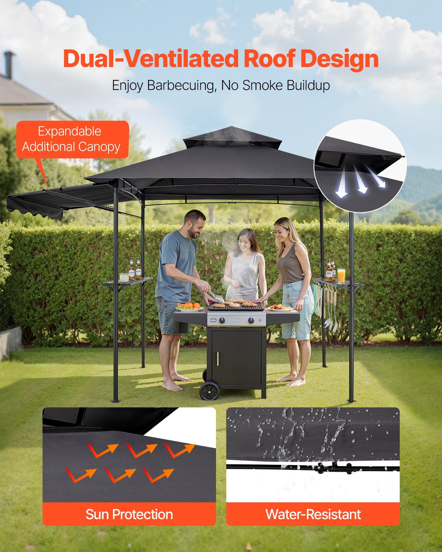 8x5 ft BBQ Gazebo Canopy Shelter with Double-Tiered Roof & Side Awnings