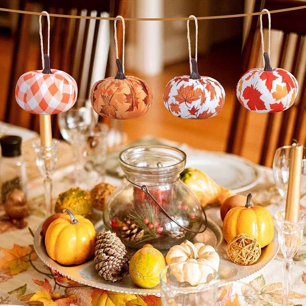 Checked Cloth Pumpkin-Shaped Holiday Ornaments Set - Maple Leaf Design