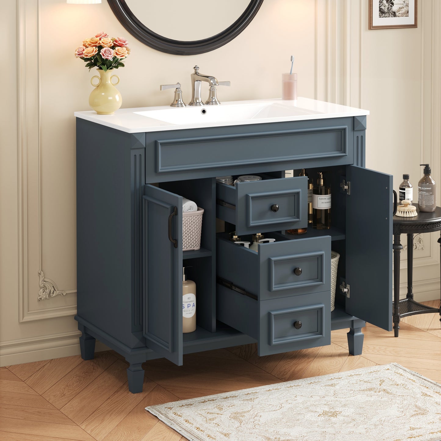 36-Inch Blue Bathroom Vanity with Top Sink & Soft Closing Doors