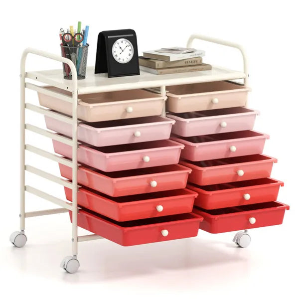 12-Drawer Rolling Storage Cart - 2-Row 10-Storey, Multicolor Drawers,