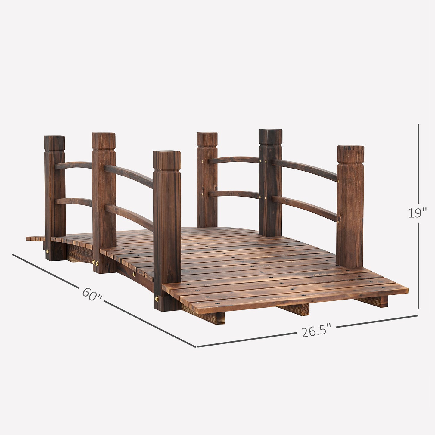 Wooden Garden Bridge with Side Railings - 60 Inch Stained Fir Wood Walkway