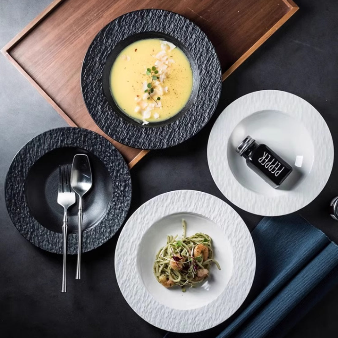 Ceramic Soup Plate Set - Stone Pattern Round Dinnerware for Kitchen & Dining