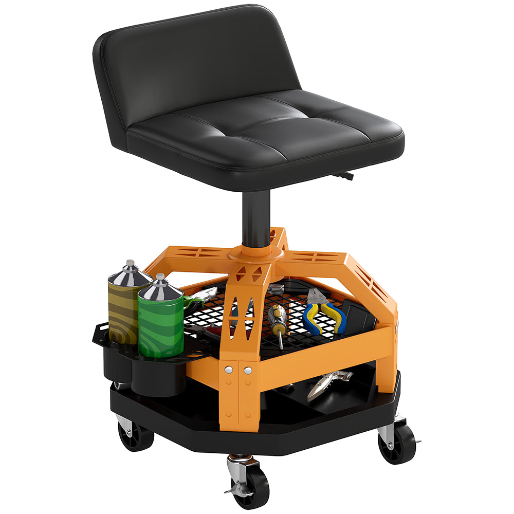 Adjustable Height Rolling Garage Stool with Tool Tray - 300 LBS Capacity, Blue