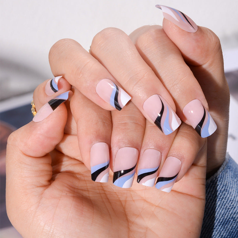 French Line Nail Tips with Water Ripple Design and Nail Stickers - 24 Pieces