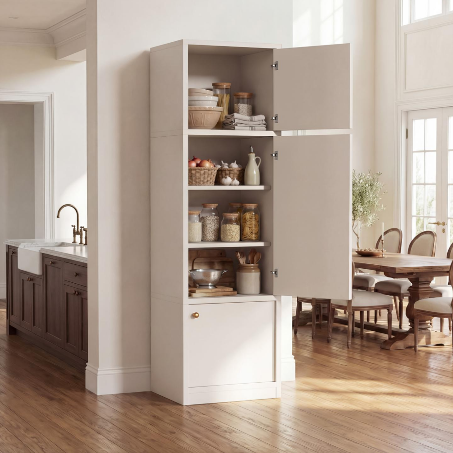 Tall Narrow Pantry Cabinet with Adjustable Shelves & Drawer - White