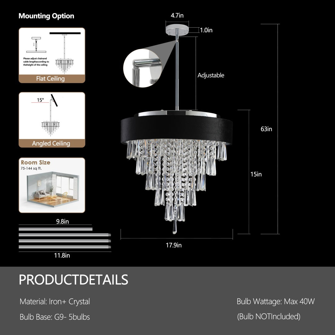 18-Inch Crystal Chandelier with Black Velvet Shade - 8 Lights