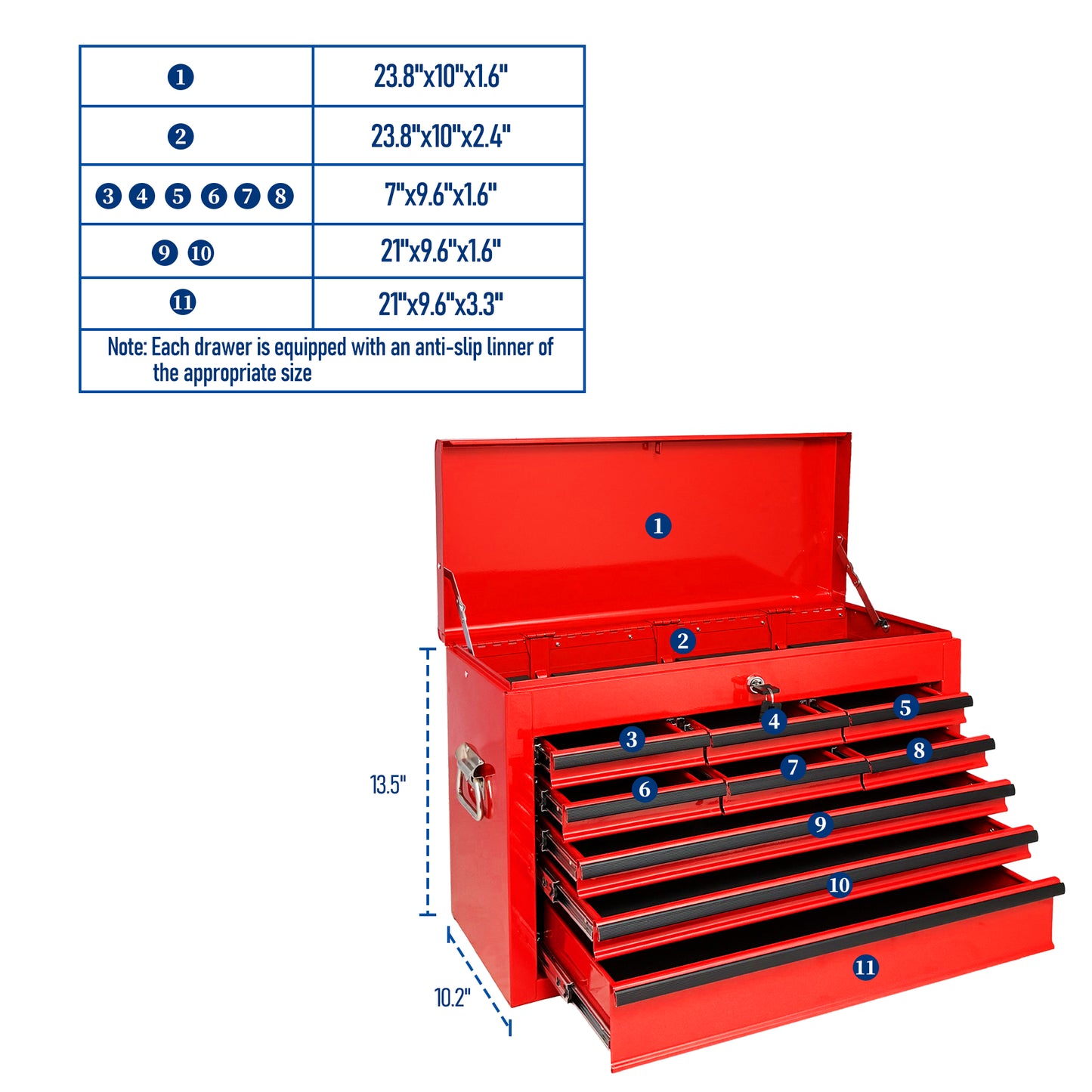 24-Inch Heavy Duty Metal Tool Box with 9 Drawers and Locking System - Red