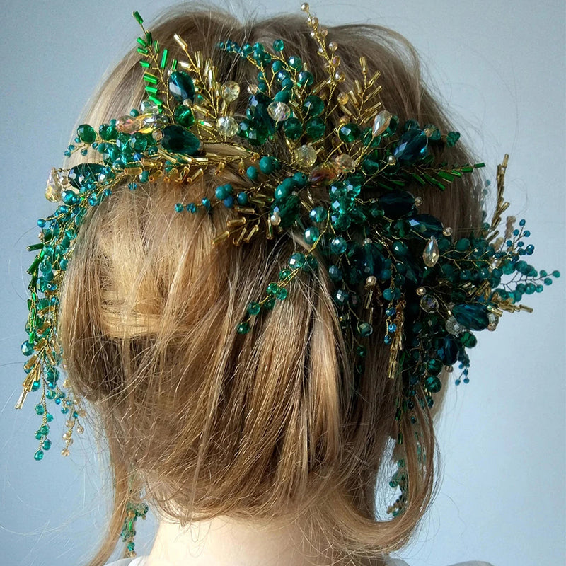 Green Crystal Rhinestone Wedding Headband Handmade