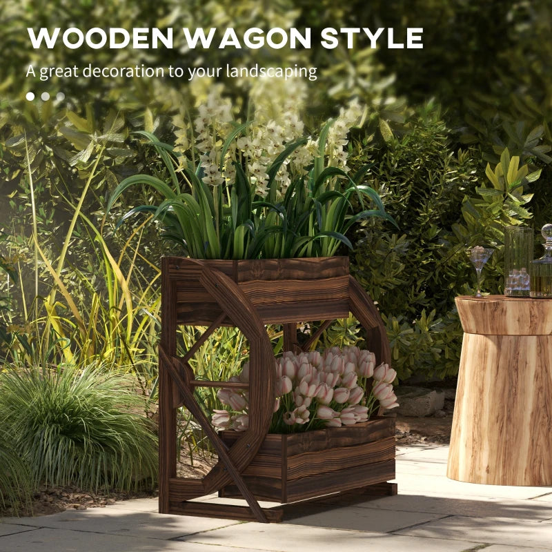 Wooden Wagon Planter Box 2-Tier Raised Garden Bed for Vegetables Flowers Herbs