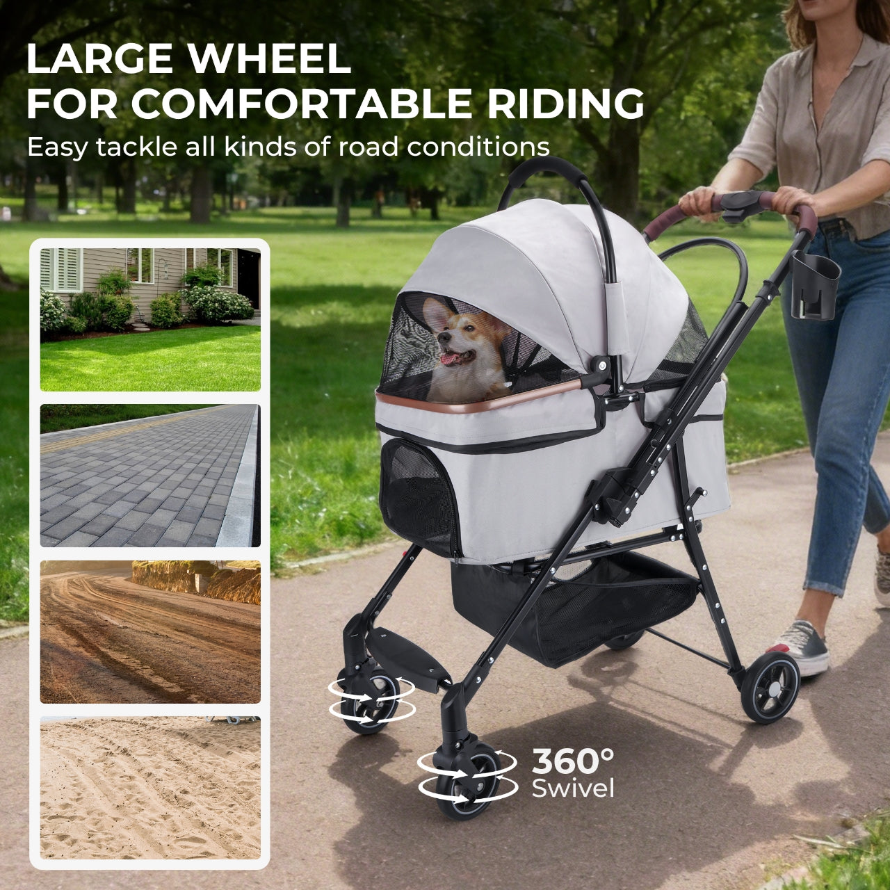 Foldable 4-Wheel Pet Stroller for Small Dogs & Cats - Grey, Travel & Separable Carrier