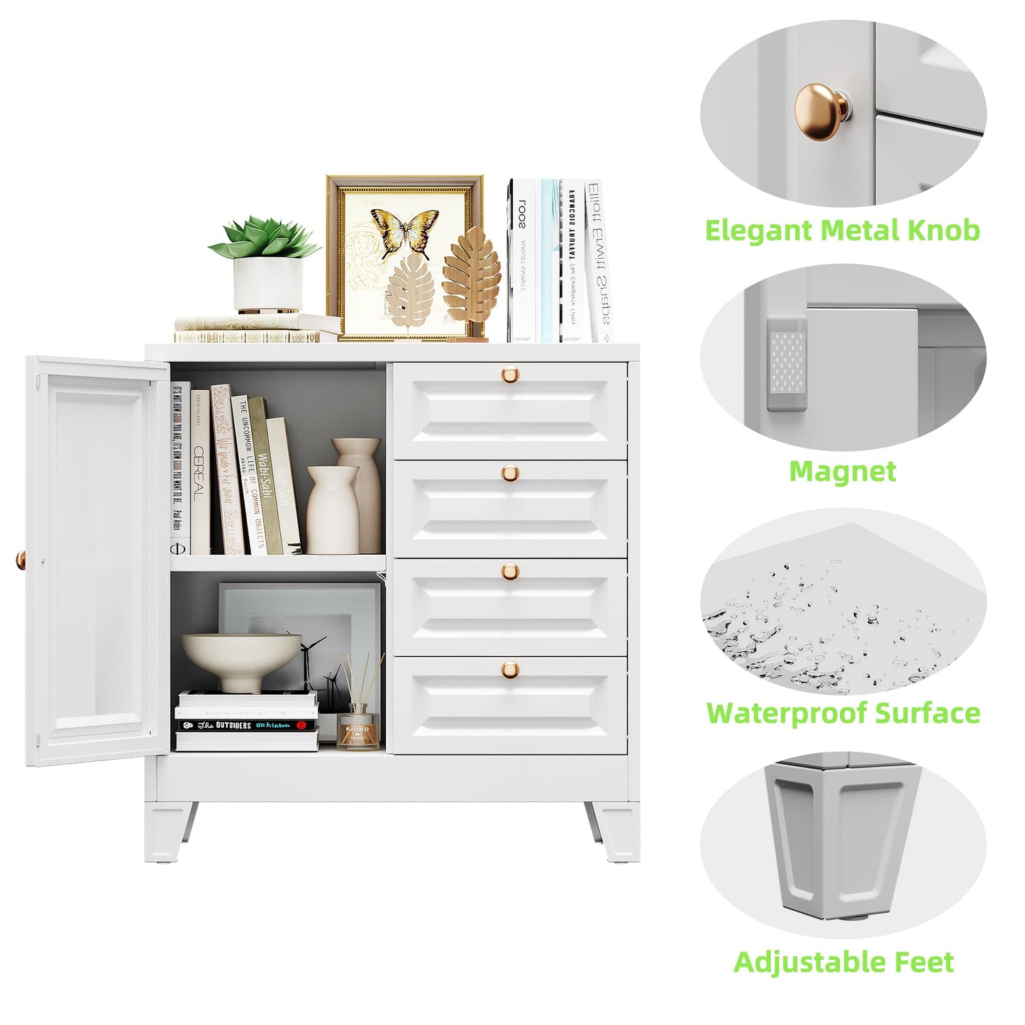 Metal Bathroom Storage Cabinet with 4 Drawers & Shelves - White